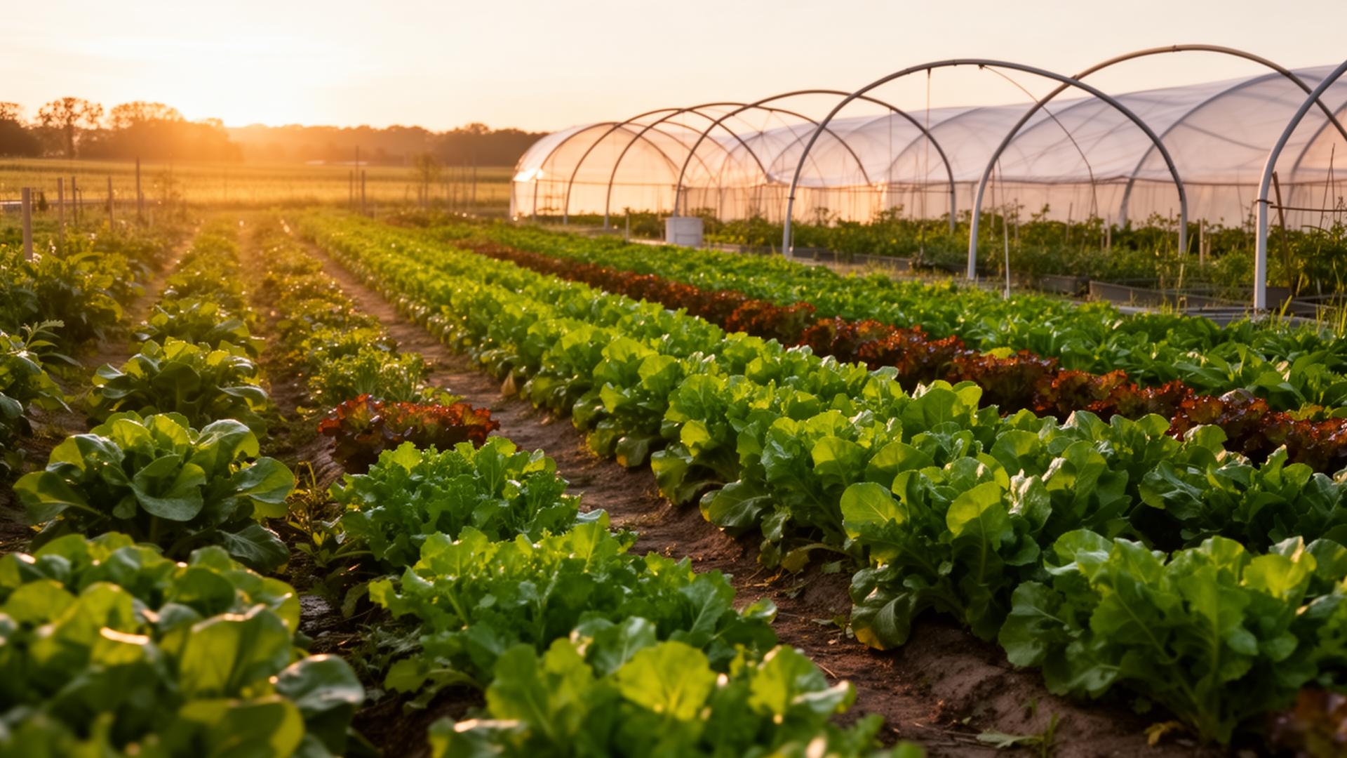 Rows of vegetables at sunrise on Elyon's Acres